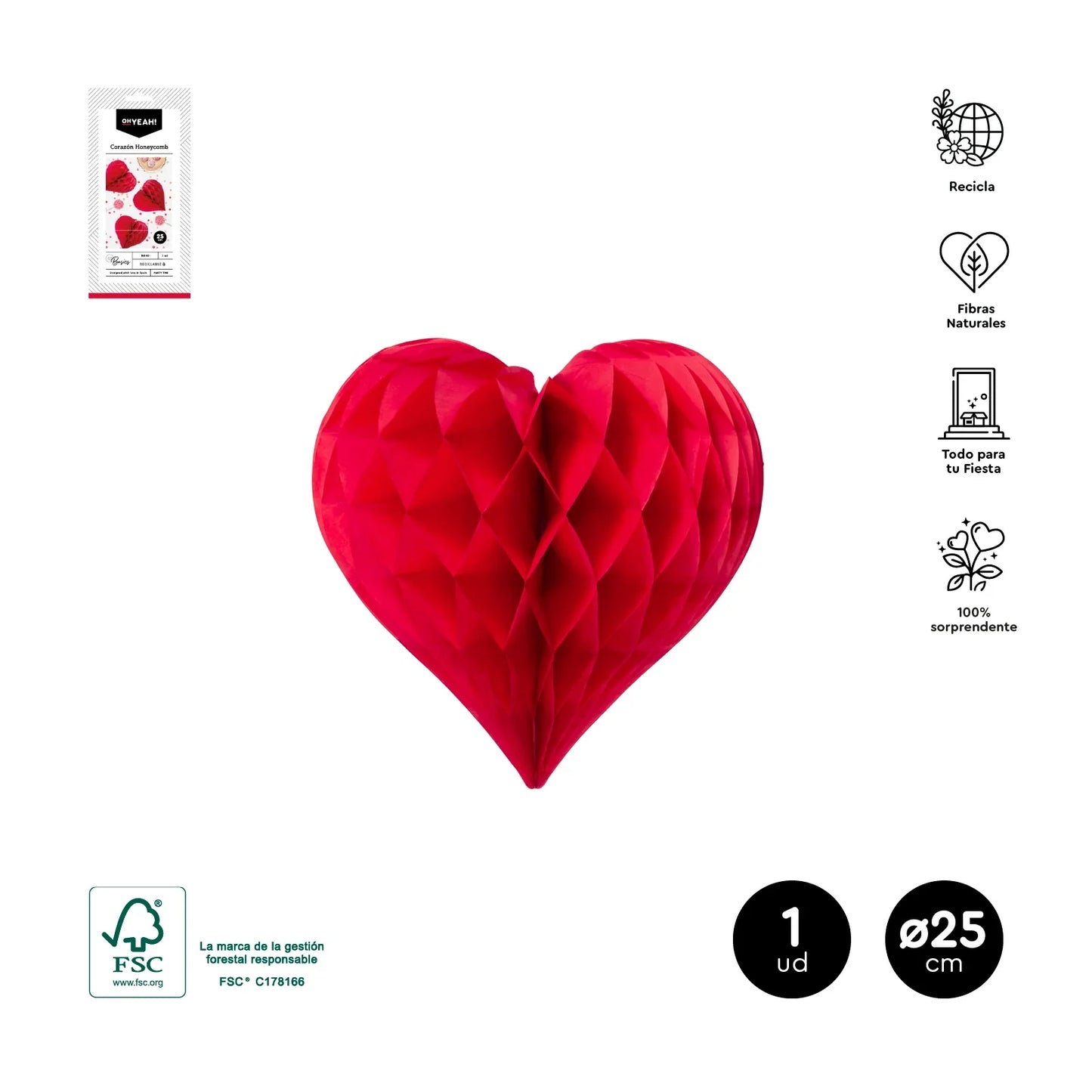 Honeycomb Corazón Rojo Ø25Cm Papel 1un - yupiparty