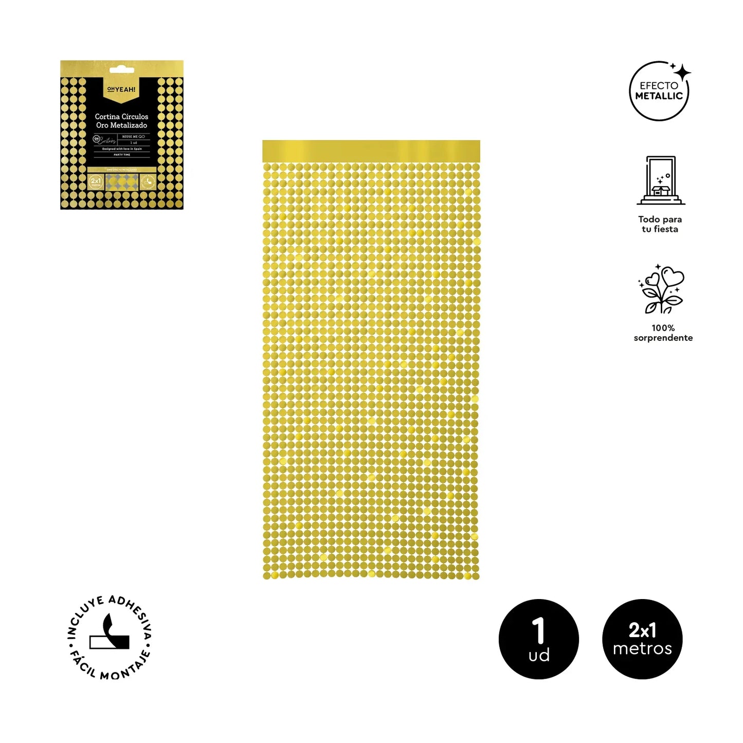Cortina Circulos Oro Metalizado 1x2M PET 1Ud - yupiparty