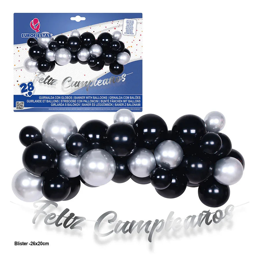 SET NUBE GLOBOS 28pz NEG/PLAT.GUIR.F.CUM - yupiparty