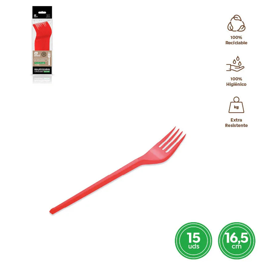 TENEDOR REUTILIZABLE ROJO 16,5CM 15 UDS - yupiparty