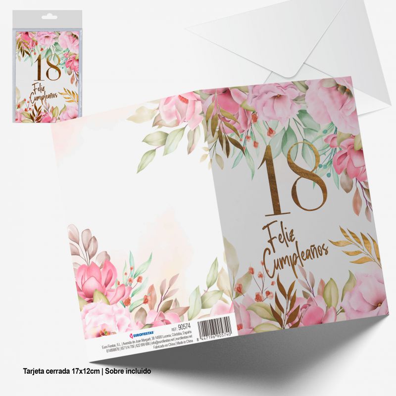 TARJETA FELICITACION FELIZ CUMPL 18 FLORES-HOJAS