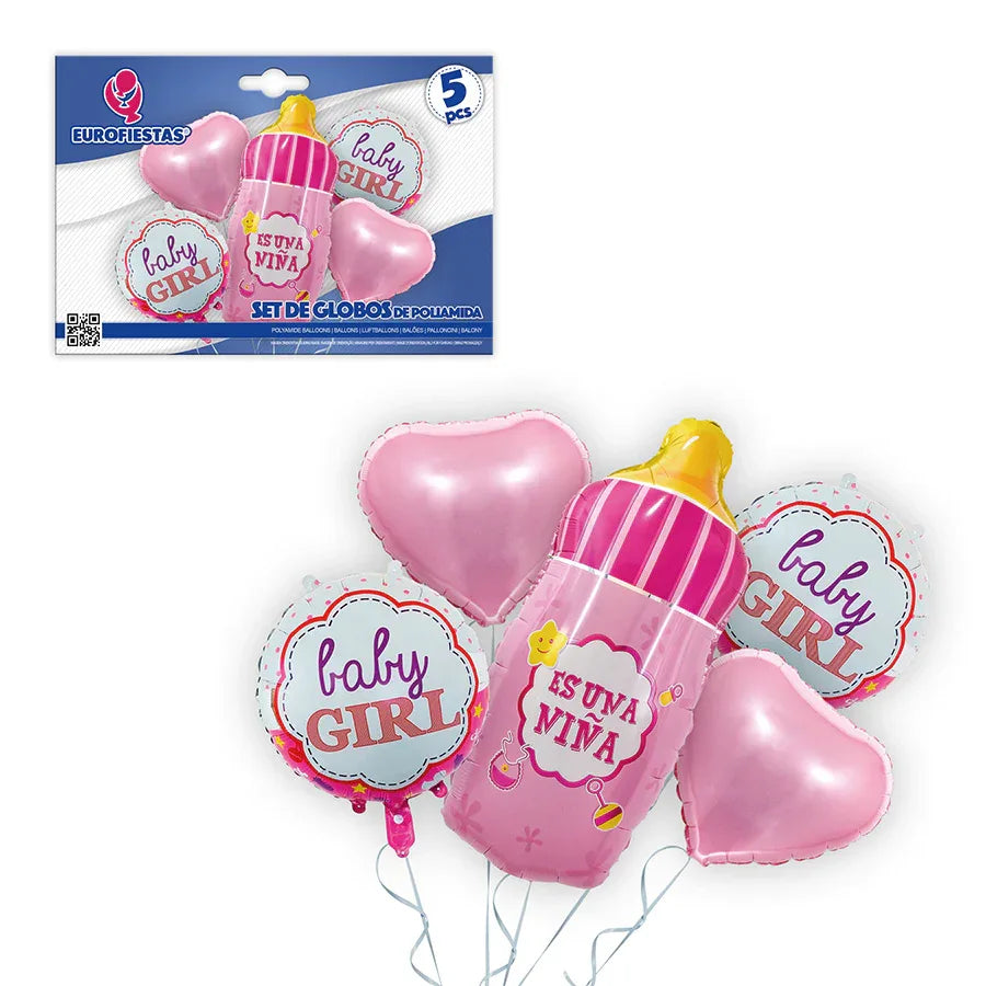 SET GLOBOS FOIL BABY GIRL BIBERÓN - yupiparty