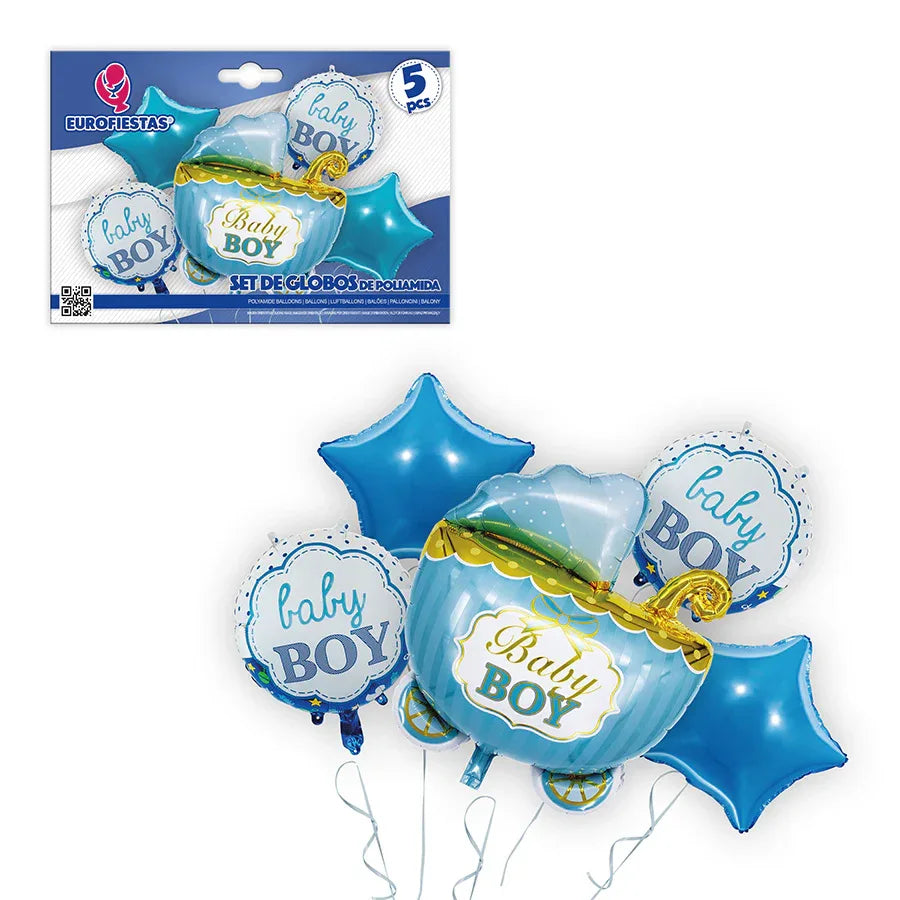 SET GLOBOS FOIL BABY BOY CARRITO - yupiparty