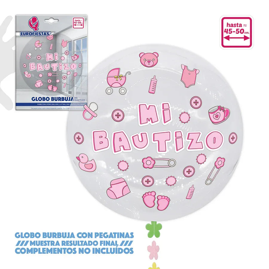GLOBO BURBUJA+PEGATINAS BAUTIZO ROSA - yupiparty