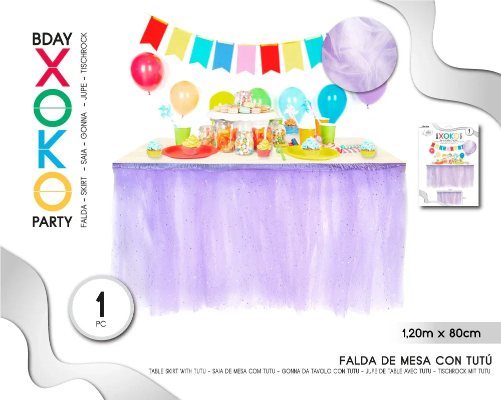 FALDA DE MESA TUL MORADO ESTRELLA 1.2M*8 - yupiparty