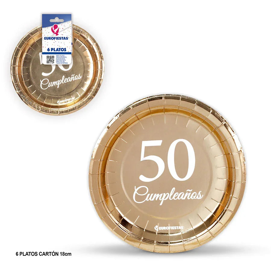 PLATO 18cm COL. ORO 50 CUMPLEAÑOS PQ.12 - yupiparty