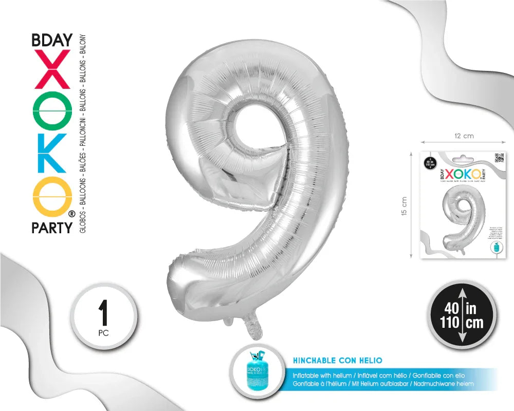 GLOBO FOIL 40/110CM PLATA 9 - yupiparty