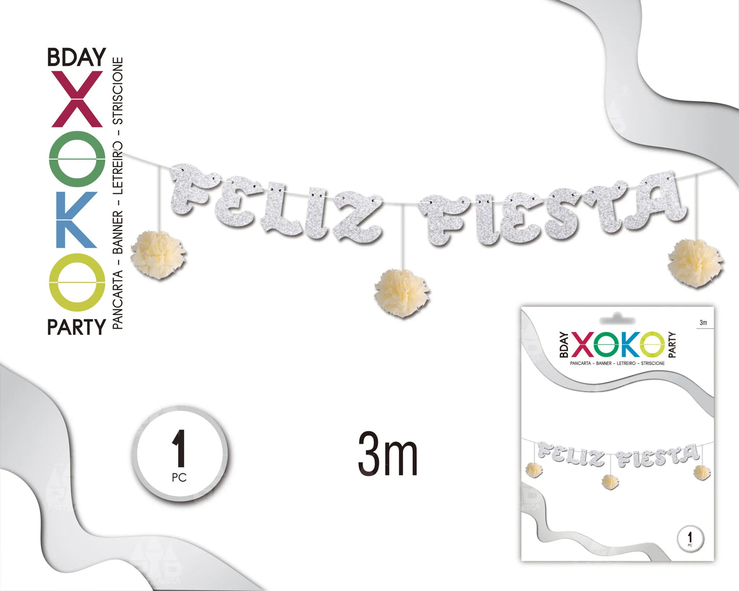 BANNER FELIZ FIESTA GLITTER PLATA POMPONES - yupiparty