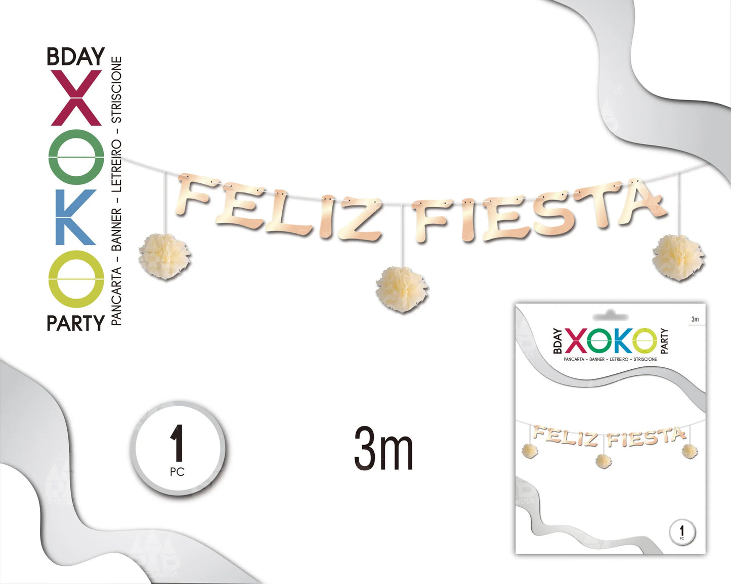 BANNER FELIZ FIESTA CHAMPAN POMPONES - yupiparty