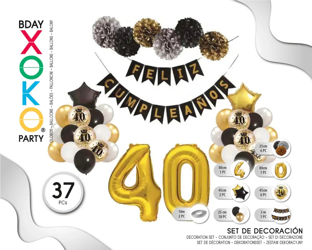 SET GLOBOS CUMPLEAÑOS 40 35PC - yupiparty