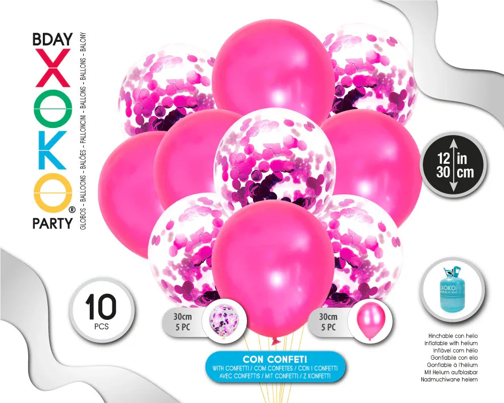 SET 5+5 GLOBOS CONFETI FUCSIA - yupiparty
