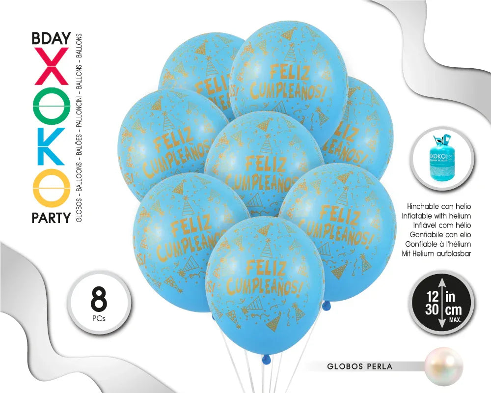 GLOBOS PERLA FELIZ C 8PC 30CM/2.8G AZUL - yupiparty