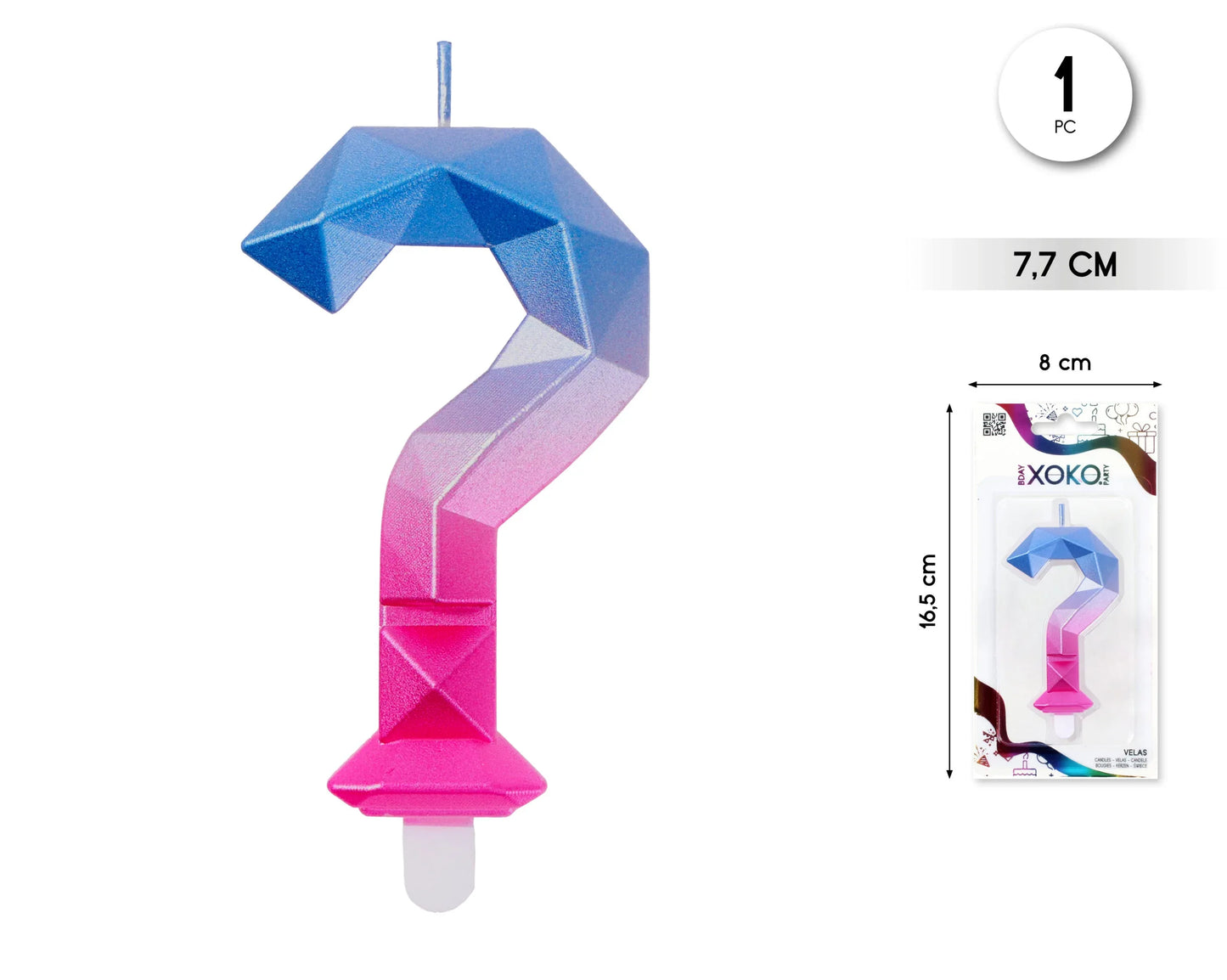 VELA 7.7CM DIAMANTE AZUL+FUCSIA INTERROG - yupiparty