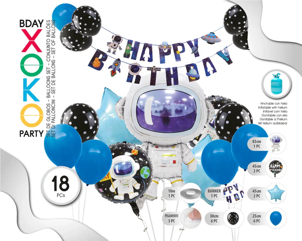 SET GLOBOS CON BANNER FELIZ C 18PC SPACE - yupiparty