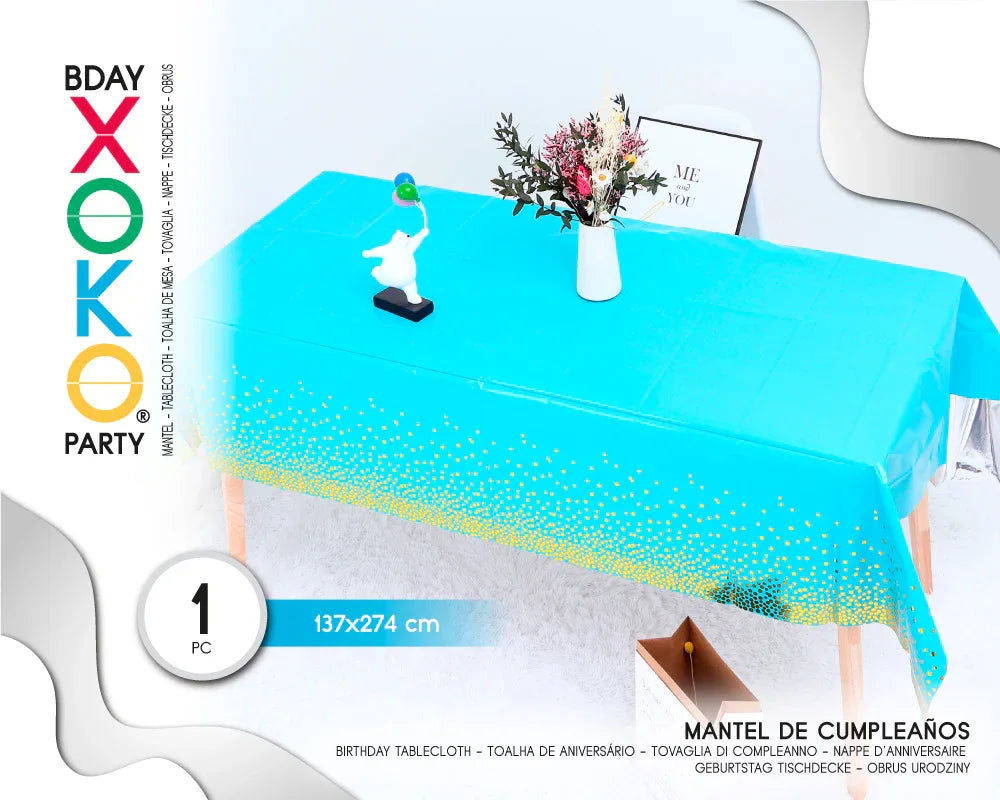 MANTEL AZUL CLARO CON LUNAR ORO 137*274C - yupiparty