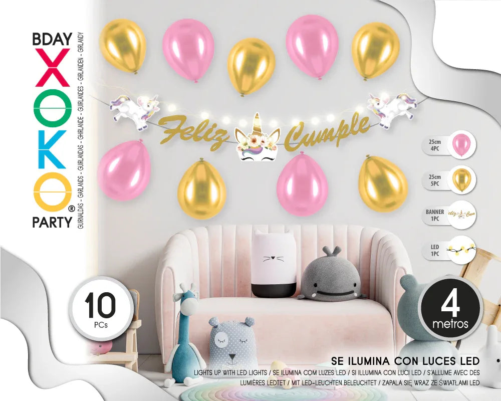 SET GUIRNALDA CON LUZ Y GLOBOS UNICORNIO - yupiparty