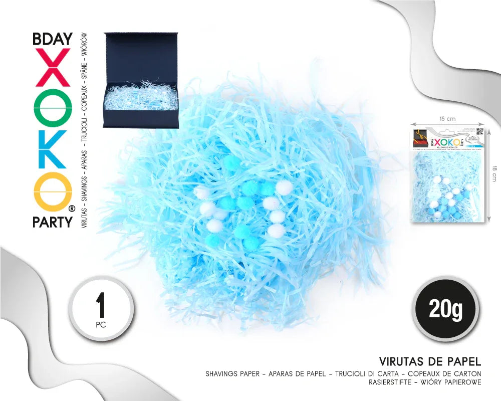 VIRUTAS PAPEL RELLENO AZUL CON POMPONES - yupiparty
