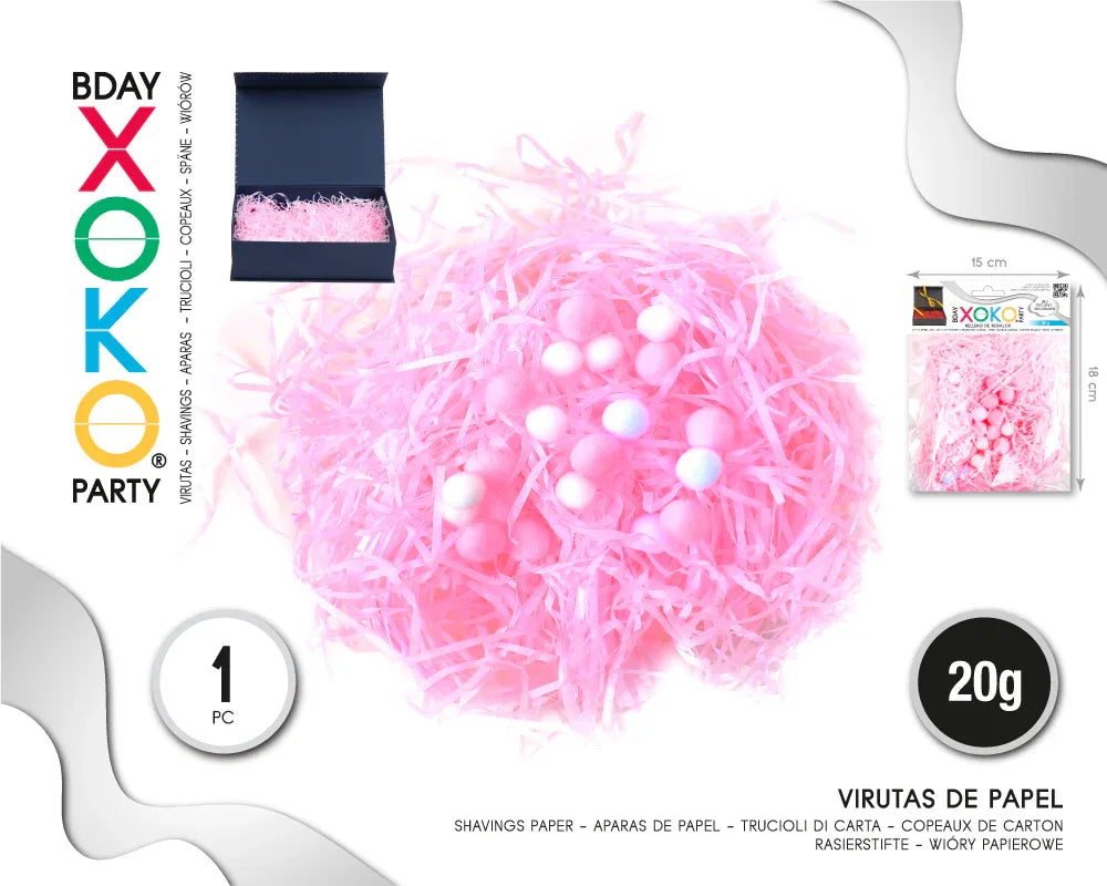 VIRUTAS PAPEL RELLENO ROSA CON POMPONES - yupiparty