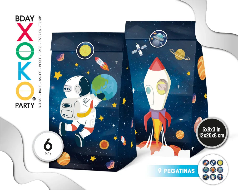 BOLSAS PAPEL CON PEGATINA 6PC ASTRONAUTA - yupiparty