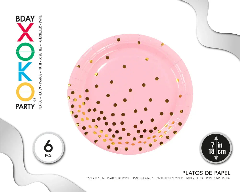 PLATO 7/18CM ROSA CON LUNAR ORO - yupiparty