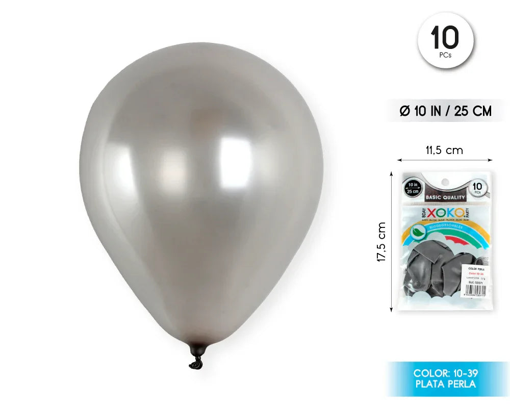 GLOBOS 10PC 2.2G 25CM PLATA PERLA - yupiparty