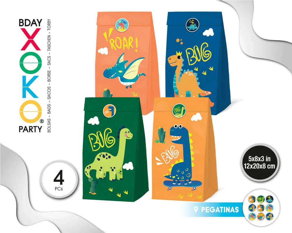 BOLSAS PAPEL CON PEGATINA 4PC DINO - yupiparty