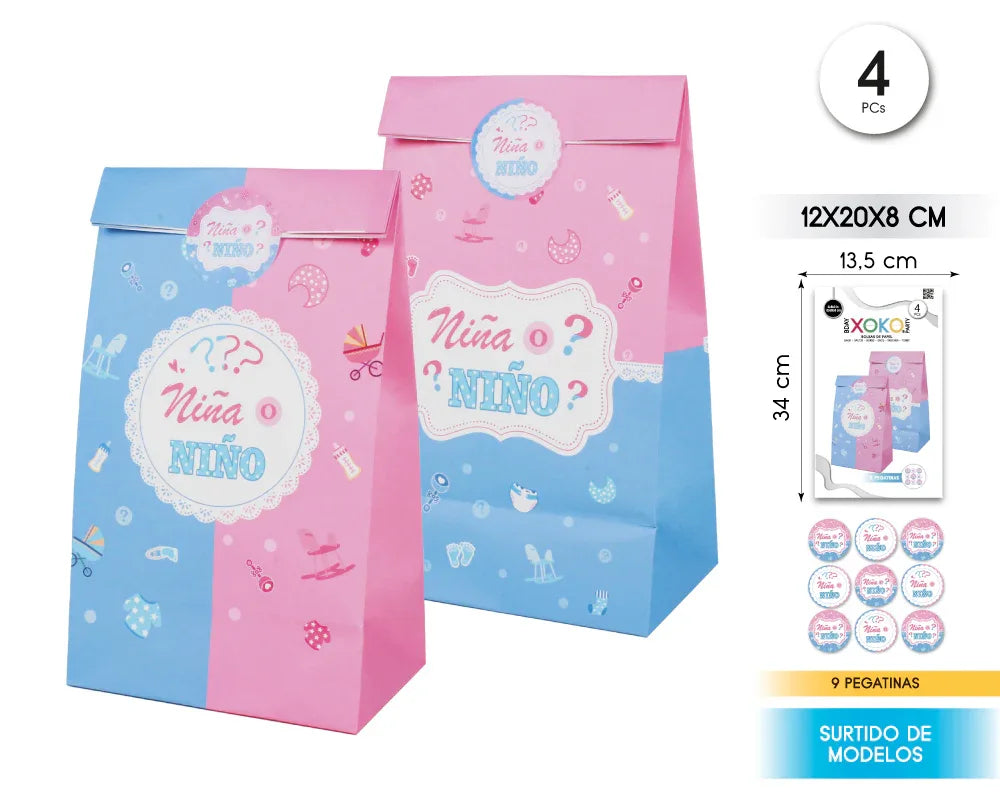BOLSAS PAPEL CON PEGATINA 4PC GENDER REV - yupiparty