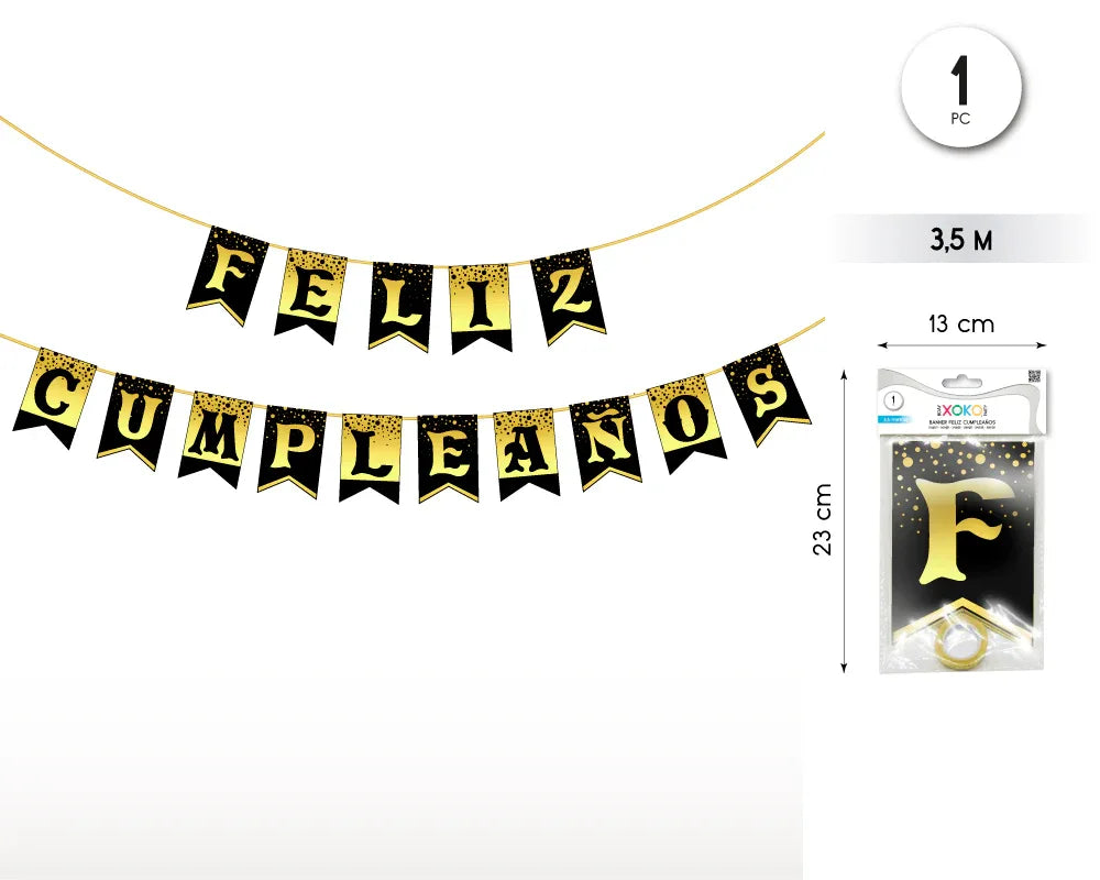 GUIRNALDA FELIZ CUMPLEAÑOS BLACK GOLD - yupiparty