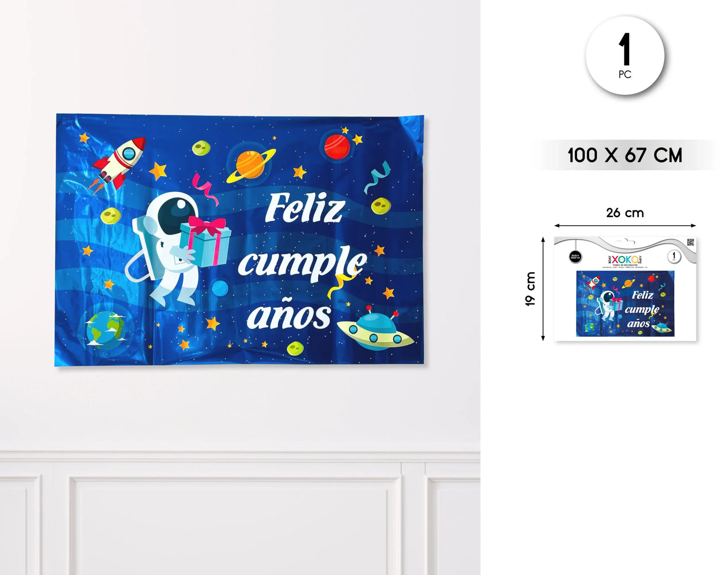 FONDO FELIZ CUMPLE ESPACIO 100X67CM - yupiparty