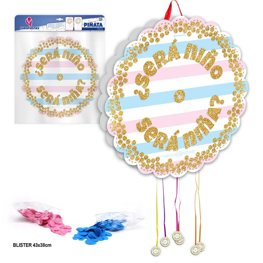 PIÑATA+CONFETI PURPURI. SERA NIÑO o NIÑA - yupiparty