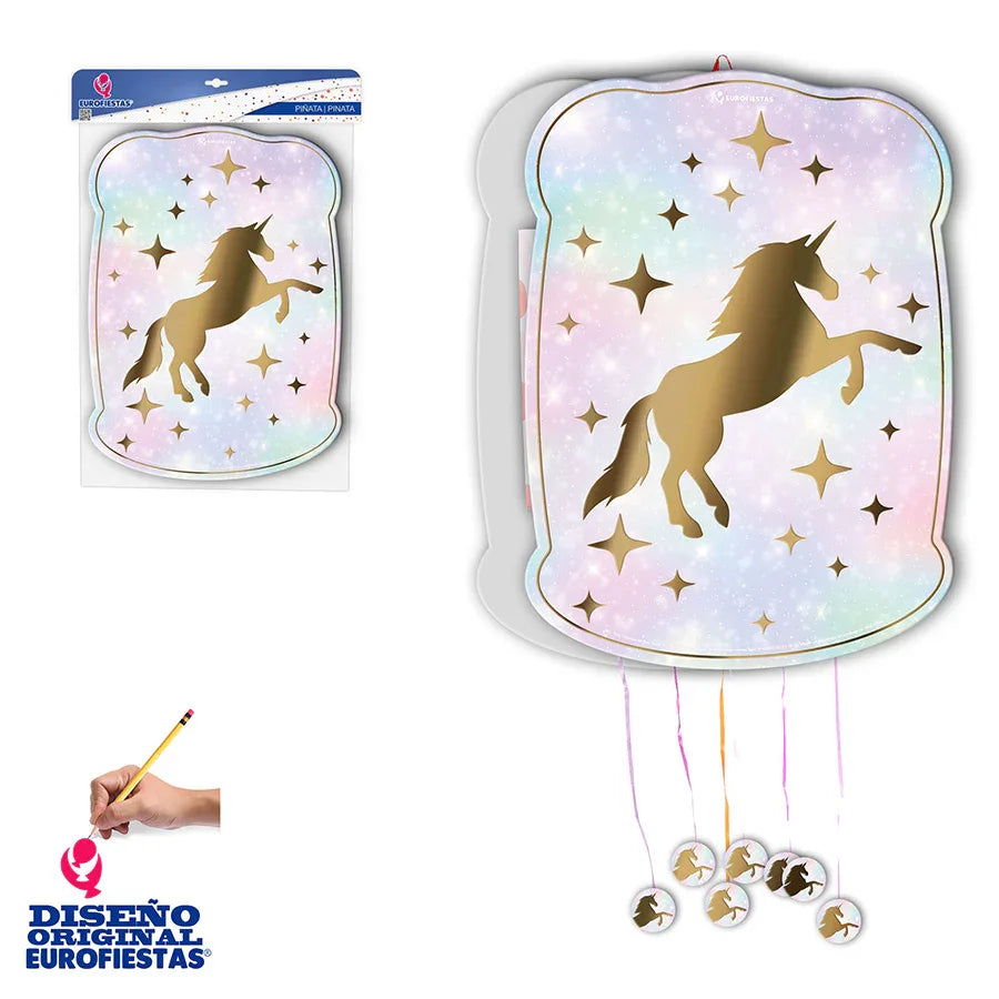 PIÑATA UNICORINIO ORO FONDO TONOS PQ.10 - yupiparty