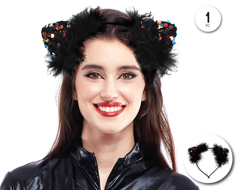 DIADEMA GATA PLUMAS LENTEJUELAS - yupiparty