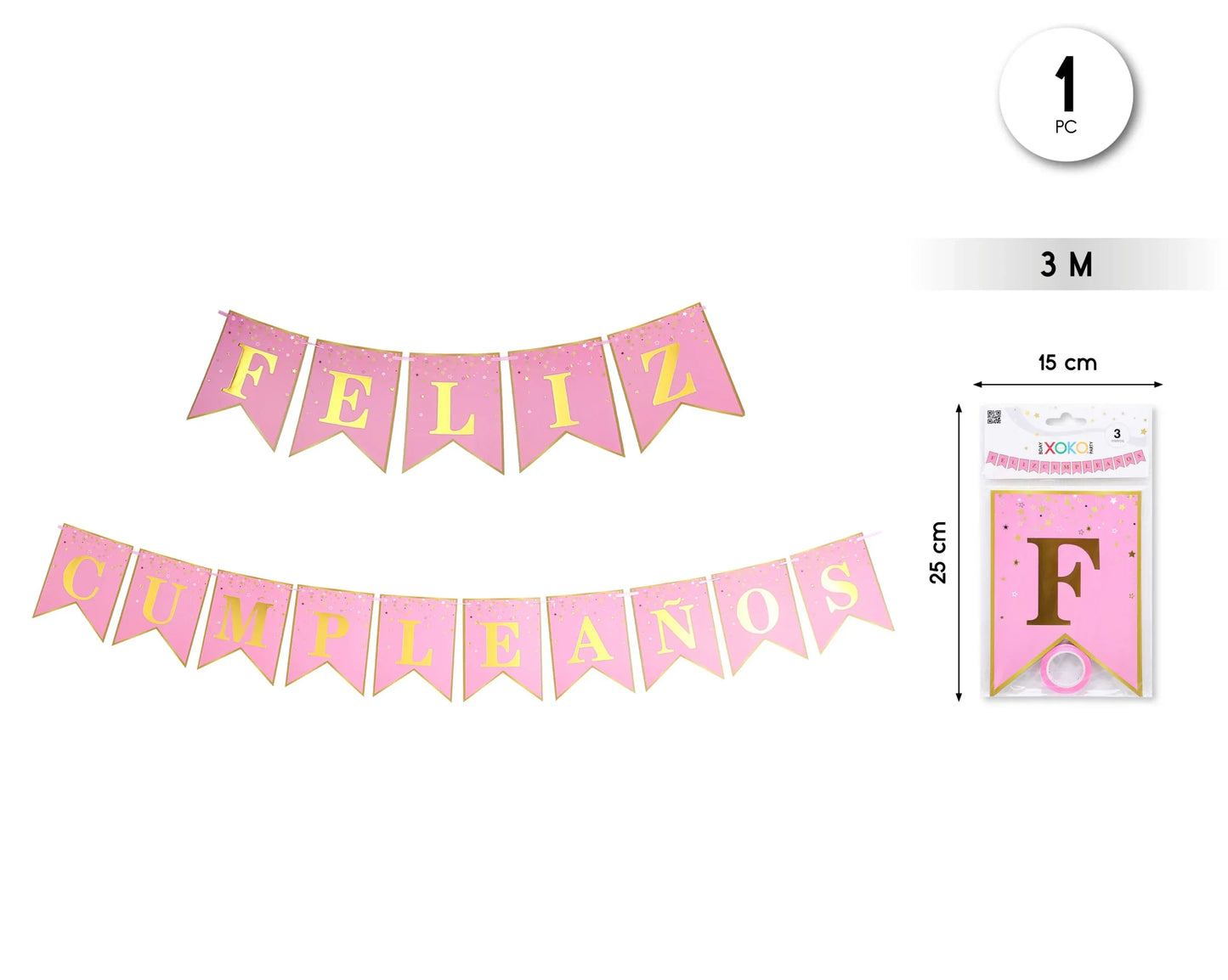 GUIRNALDA FELIZ CUMPLE ROSA DORADO 3M - yupiparty