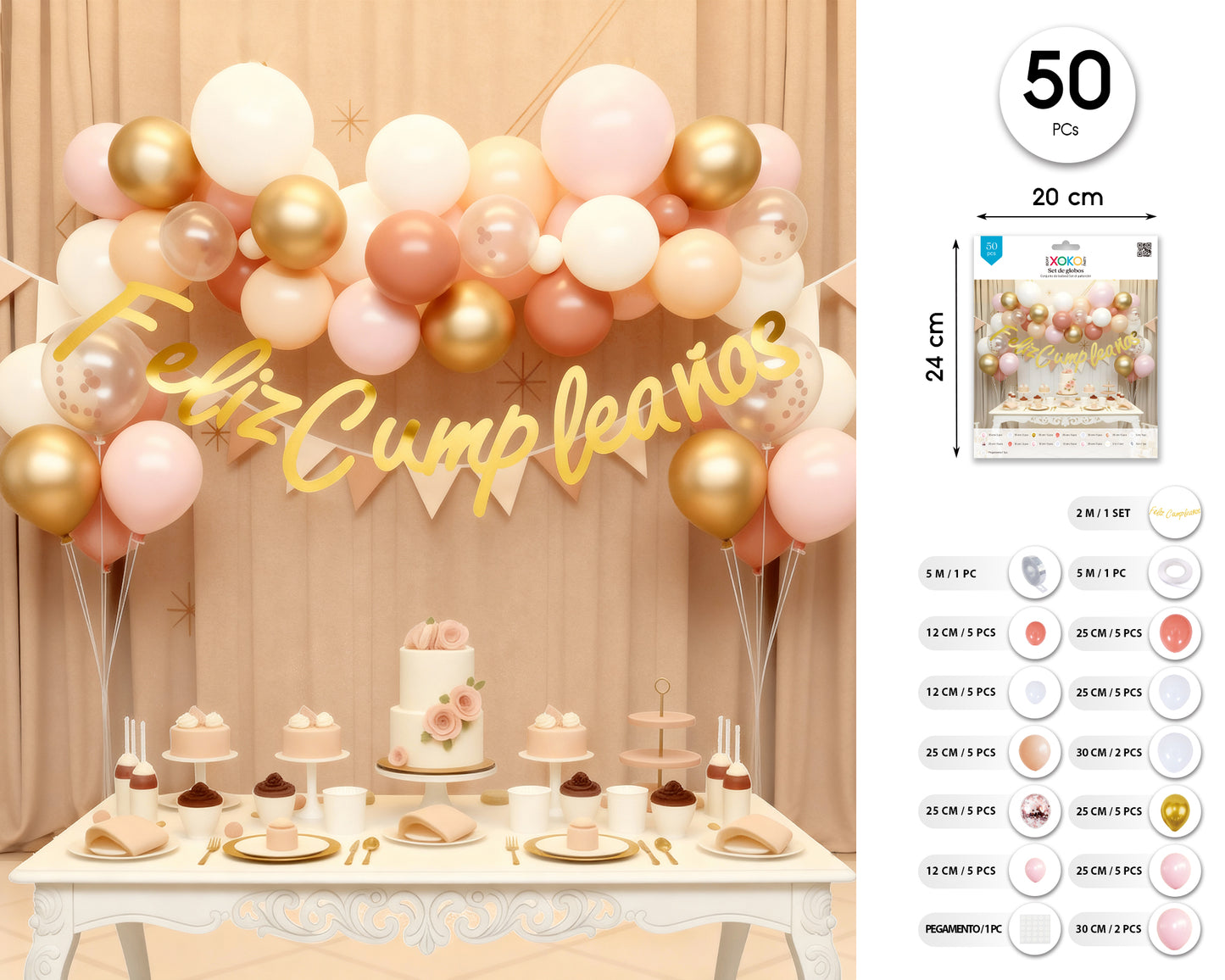 GUIRNALDA DE GLOBOS CON BANNER FELIZ C ROSA 50PCS
