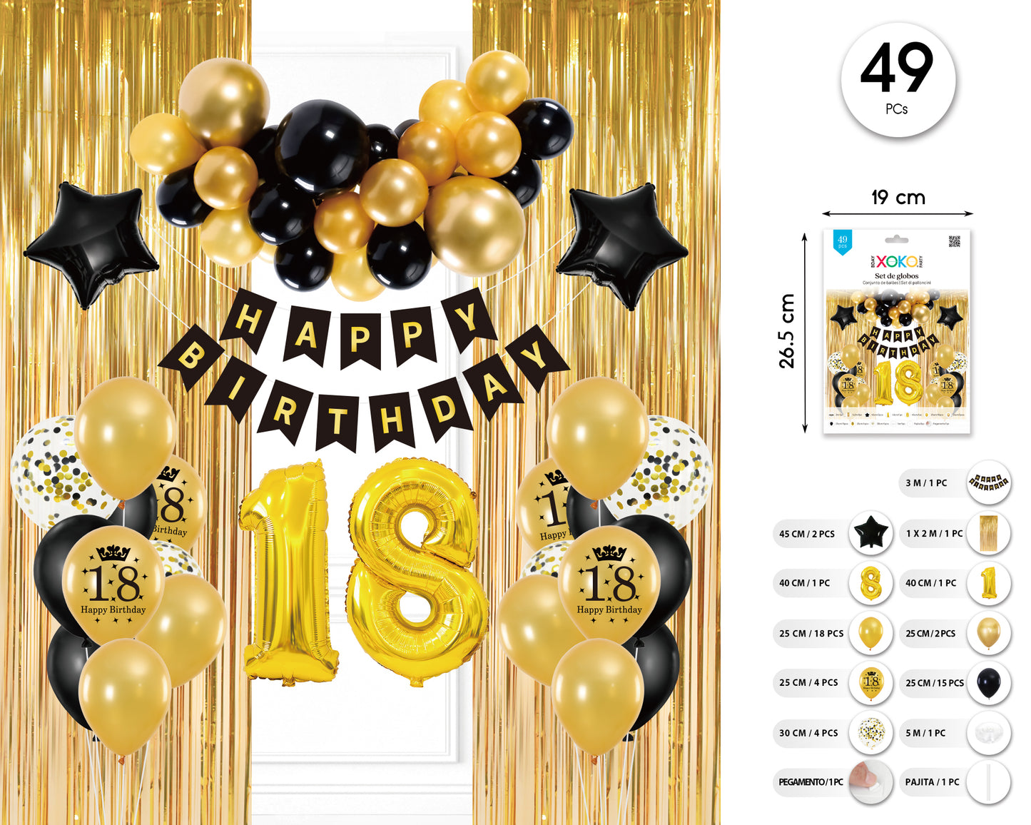 SET BANDERINES CON GLOBOS HAPPY BDAY 18 ORO NEGRO 49PCS