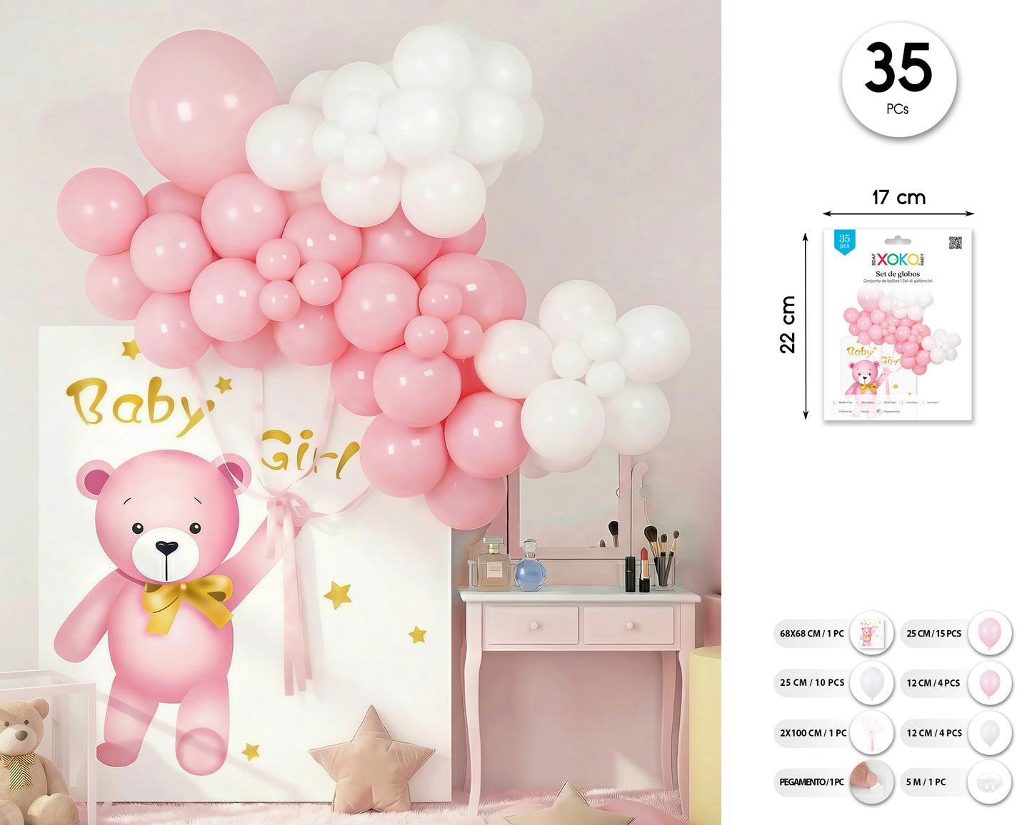 SET DECORACION CON GLOBOS POSTER BABY GIRL 35PCS
