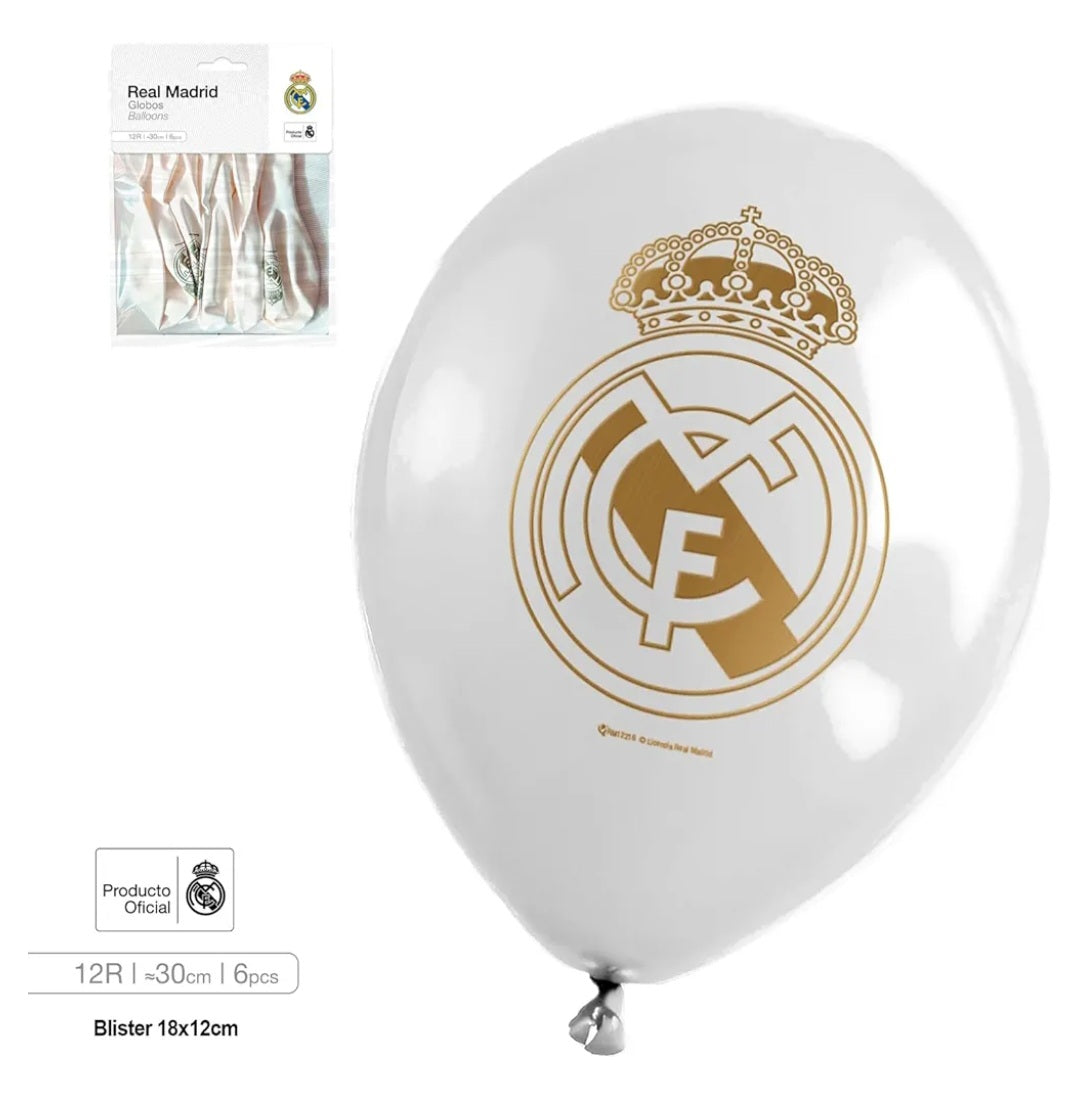 REAL MADRID GLOBOS LATEX BLANCO ESCUDO ORO R12 6PCS