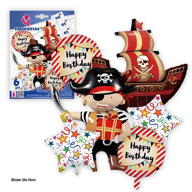 SET GLOBOS FOIL H. BIRTHDAY PIRATAS 6PCS