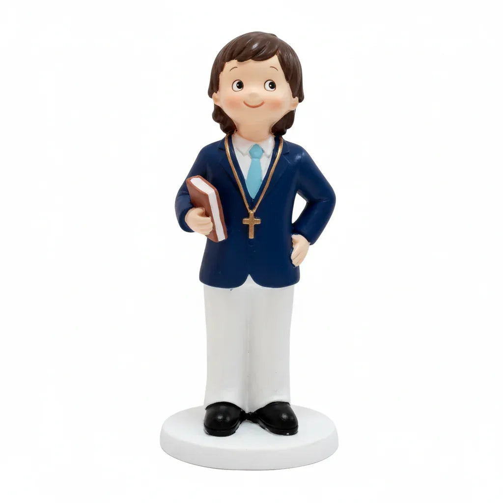 FIGURA PASTEL NIÑO COMUNION AZUL LIBRO - yupiparty