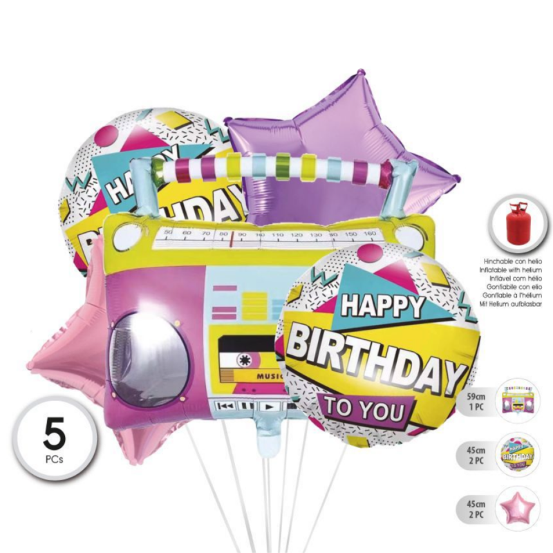 SET GLOBO MYLAR 5PC RADIO H. BDAY