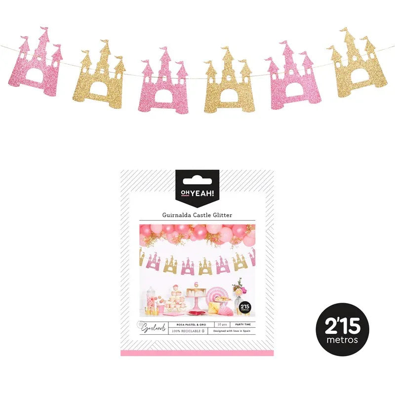 GUIRNALDA PRINCESS CASTLE ORO Y ROSA GLITTER 2,15M - yupiparty