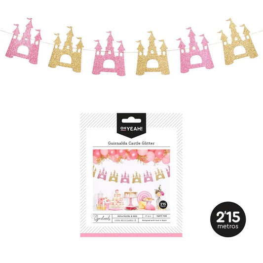 GUIRNALDA PRINCESS CASTLE ORO Y ROSA GLITTER 2,15M - yupiparty