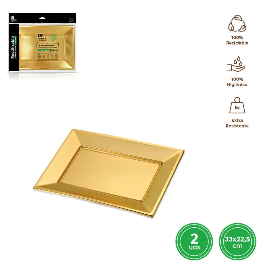BANDEJA RECT. REUT. ORO METAL. 33X22,5CM - yupiparty