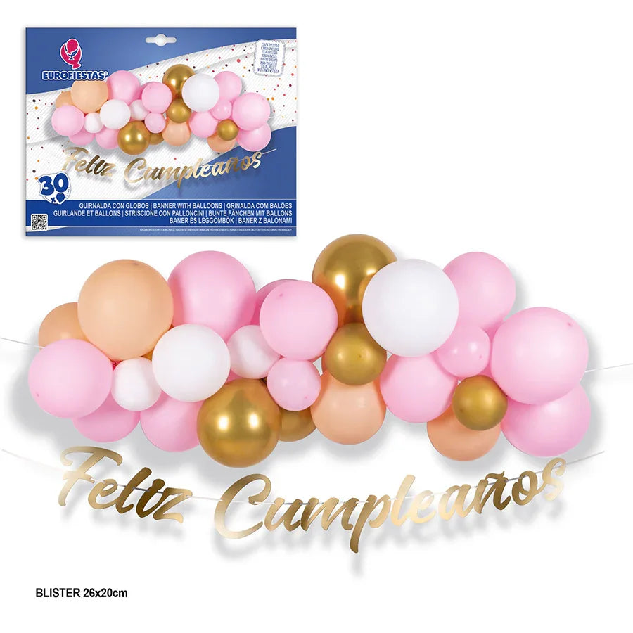 SET NUBE 30 GLOBOS ROSA-ORO/GUIRNALDA - yupiparty