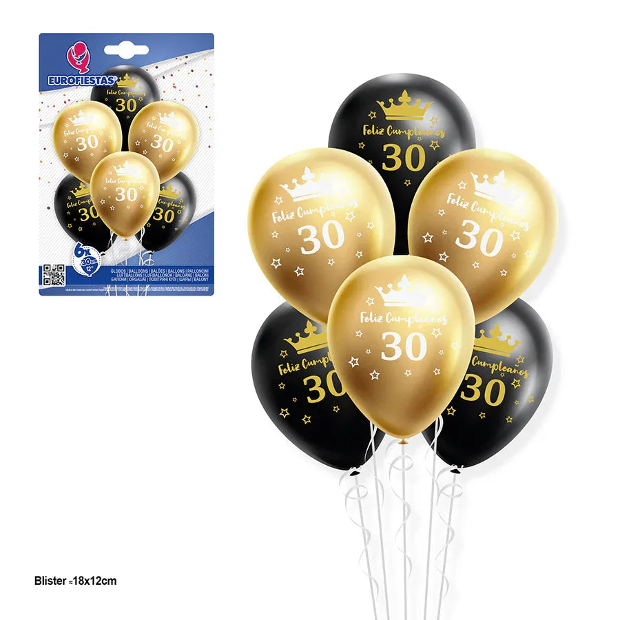 SET GLOBOS 12R 6pcs ORO/NEGR F.CUMP.30 P - yupiparty