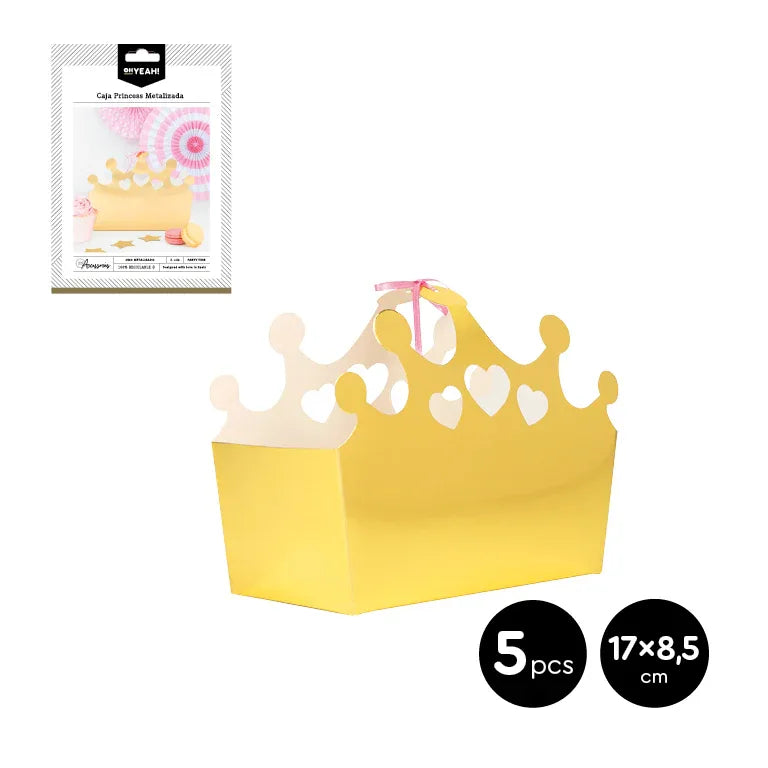CAJA PRINCESS ORO METALIZADO CARTÓN 5 UDS - yupiparty