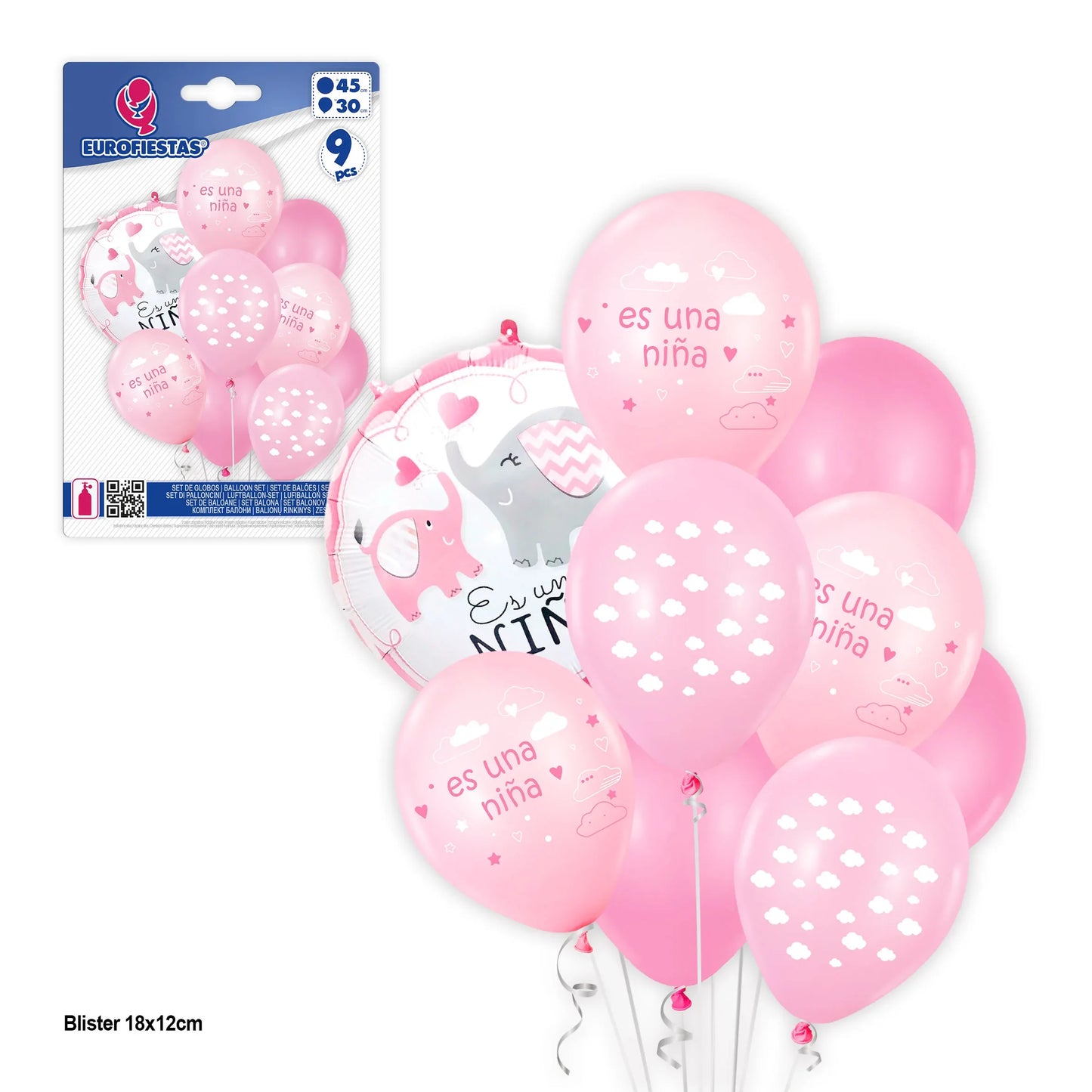 SET 9 GLOBOS IMP.ELEFANTES "ES UNA NIÑA" - yupiparty
