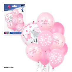 SET 9 GLOBOS IMP.ELEFANTES "ES UNA NIÑA" - yupiparty