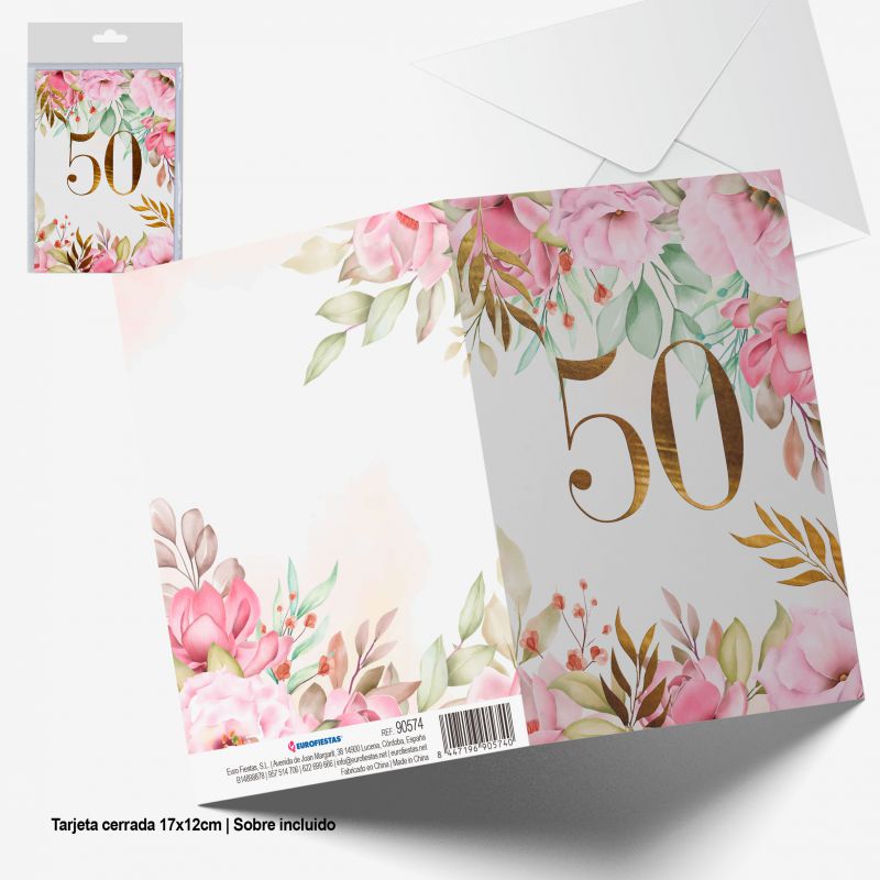 TARJETA FELICITACION FELIZ CUMPLE 50 FLOREZ-HOJAS
