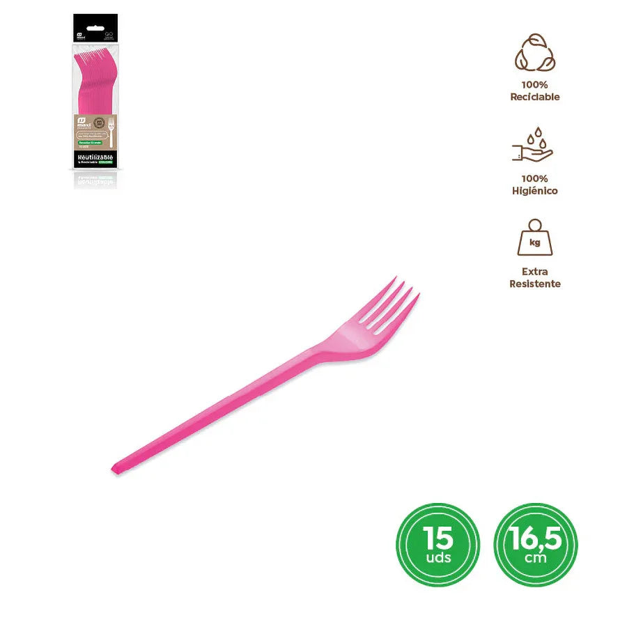 TENEDOR REUTILIZABLE ROSA 16,5CM PS 15 U - yupiparty